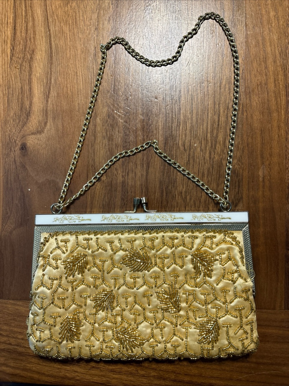 Vintage Satin Beaded Kiss Lock Evening Bag w/Chain Strap, Pearl Inlay Hong Kong